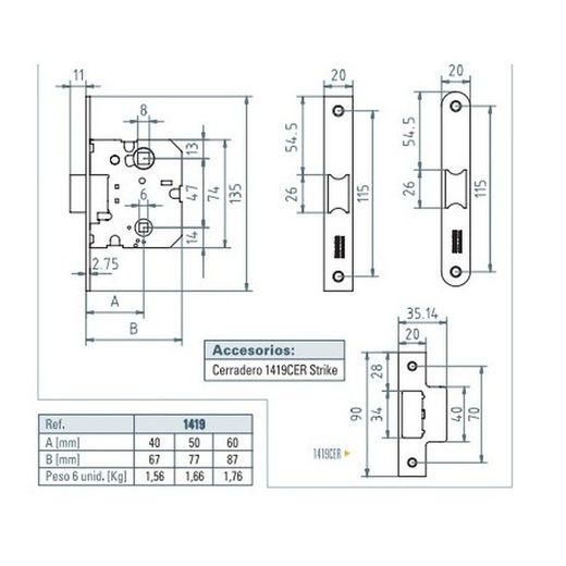 PICAPORTE UNIFICADO 1419/40mm LATONADO